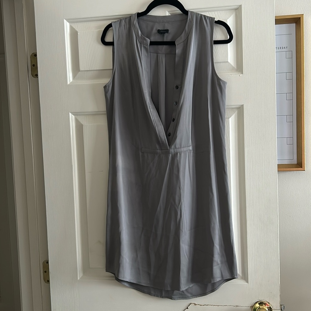 Theory Silk Sleeveless V-Neck Tunic Dress in Light Gray